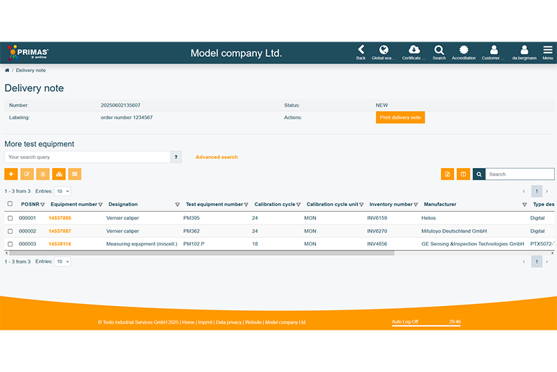 Édition de bon de livraison Création d’un bon de livraison pour les moyens de contrôle à étalonner dans PRIMAS online