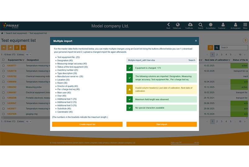 Import multiple Importation de données dans PRIMAS online pour modifier en masse les données des moyens de contrôle