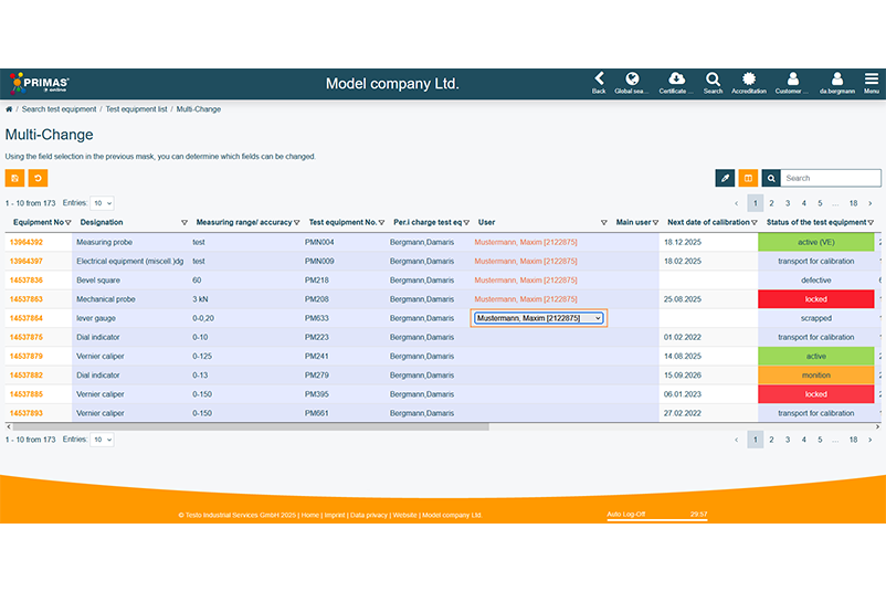 Modification multiple Modifications multiples des données des moyens de contrôle dans PRIMAS online